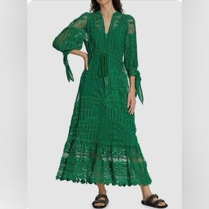 FARM Rio Emerald Green Crochet Lace Midi Dress